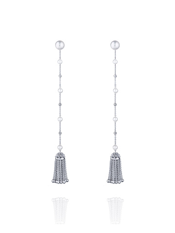 Pearl & White Gold Tassel Earrings, 2