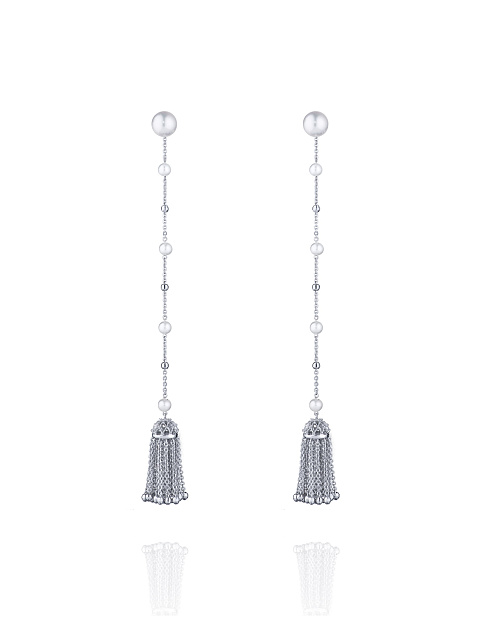 Pearl & White Gold Tassel Earrings, 2