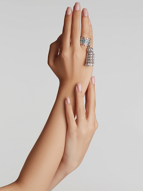 Tourmaline Paraiba & Round, Pear Diamond & White Gold Tassel Ring, 3 Tourmaline Paraiba & Round, Pear Diamond & White Gold Tassel Ring, 3