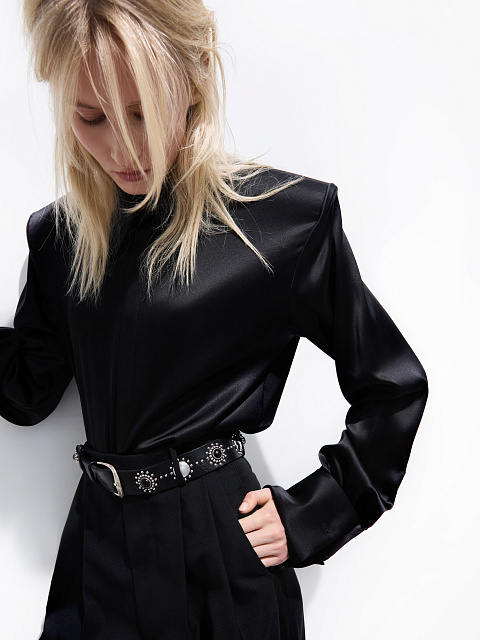 Black silk bodysuit blouse, 3 Black silk bodysuit blouse, 3