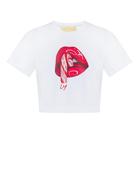 Cropped White Lips Printed T-Shirt, 1