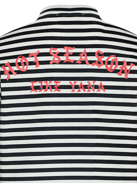 Black and white cotton striped top with red print, 4