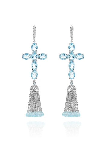 Tassel earrings with crosses in white gold with Sky Blue topazes, 1