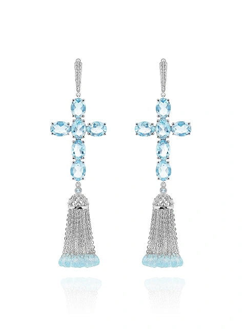 Tassel earrings with crosses in white gold with Sky Blue topazes, 1