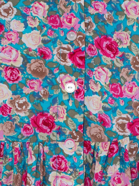 Girl's Turquoise Floral Print Lace Trim Dress, 4