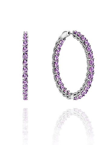 Oval Amethyst & Round Diamond & Black Gold Hoop Earrings, 1