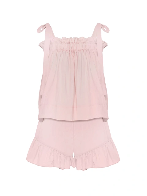 Pink set with tie-front top and ruffled shorts, 1