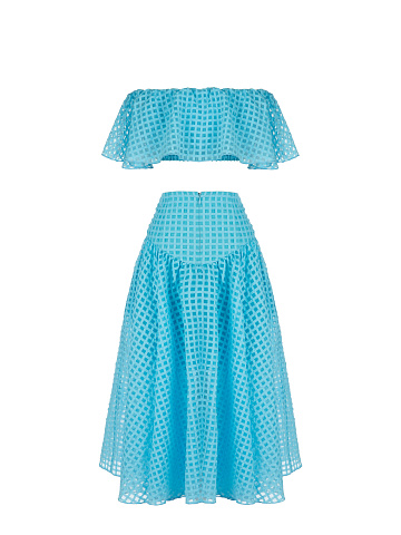 Blue Checked Chiffon Top & Midi Skirt, 2