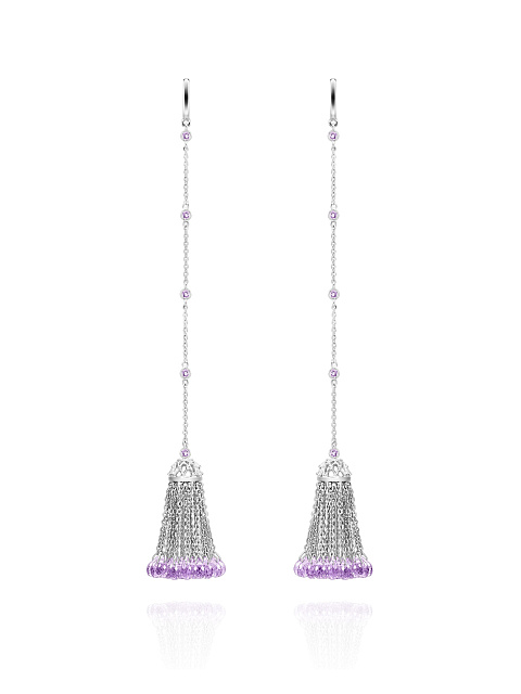 Briolette Amethyst & Round Amethyst & White Gold Tassel Earrings, 1