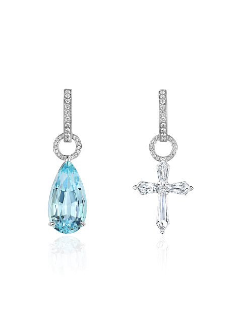 White gold hoops with pear-cut aquamarine and cross-shaped pendant, 1