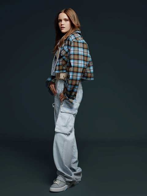 Blue Checked Cropped Faux Fur Lined Shirt, 4 Blue Checked Cropped Faux Fur Lined Shirt, 4