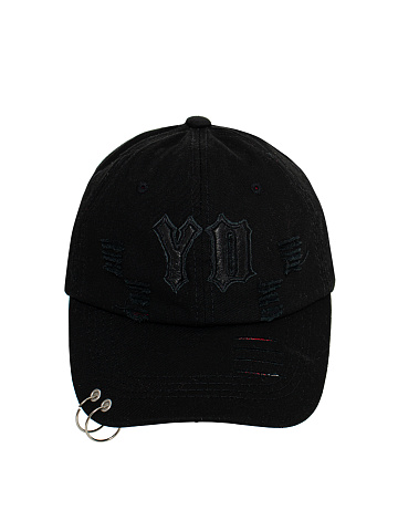 Black Distressed Denim Cap With Rings, 2