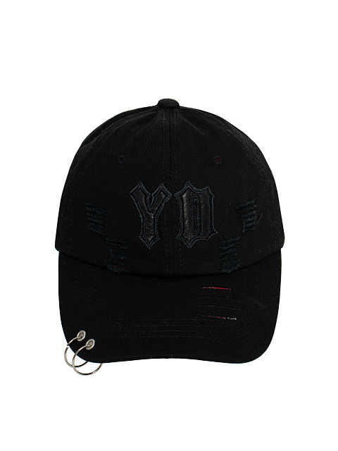 Black Distressed Denim Cap With Rings, 2