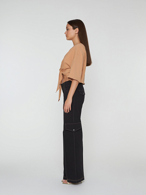 Beige Cotton Cropped Knot T-Shirt, 5