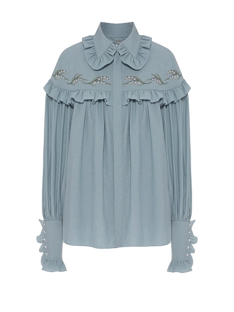 Light Blue Embroidery & Ruffle Cotton Shirt, 1