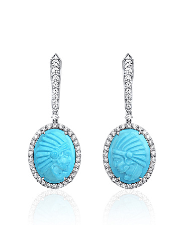 White Gold, Diamonds & Turquoise Cameo Earrings, 1