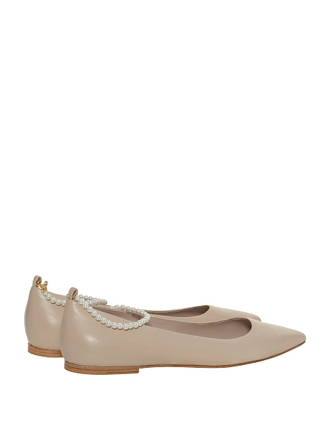 Beige Leather Ballerinas With Pointed Toe And Pearls, 3