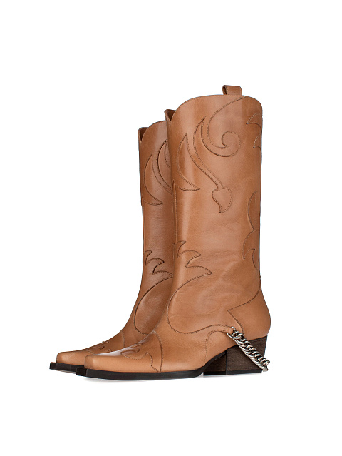 Dark Beige Leather Embroidered Cowboy Boots, 1