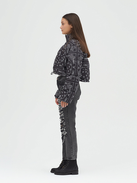 Black cropped down jacket with paisley pattern, 13