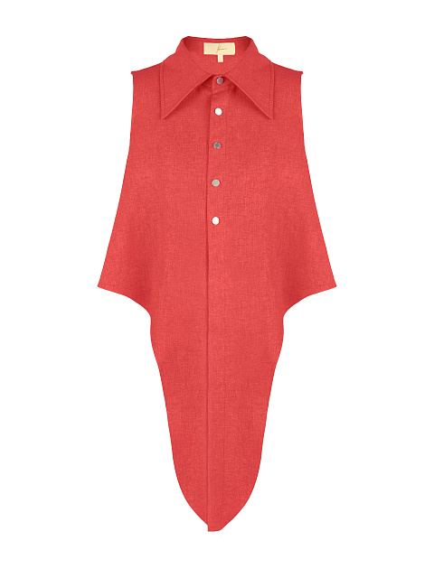 Set, coral linen, blouse with a tie at the hips, flared skirt with buttons, 3