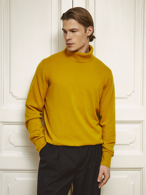 Men's Yellow Cashmere Turtleneck Sweater, 4