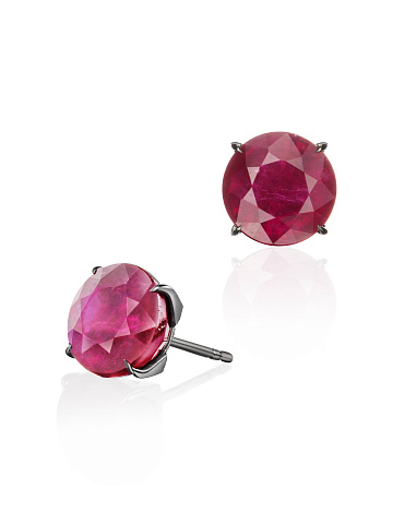 Blackened gold stud earrings with round rubies, 2