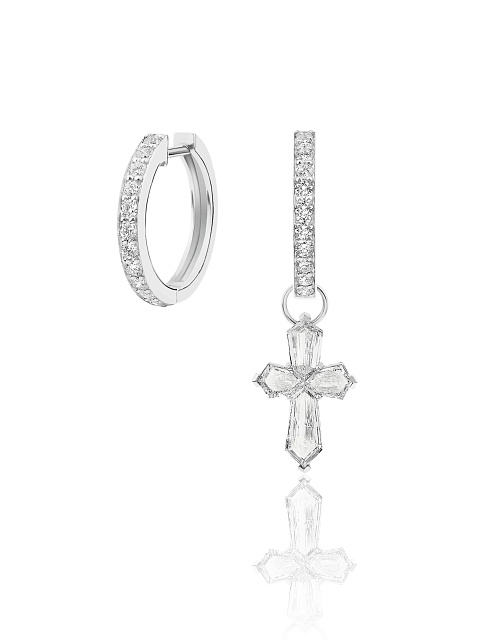 Fancy Cut Diamond, Round Diamond & White Gold Hoop Earrings, 1