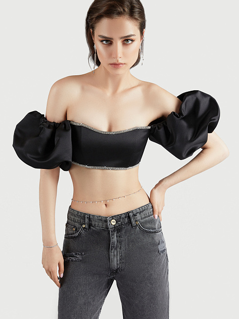 Black Rhinestones Trimmed Satin Top, 6