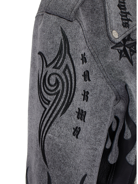 Grey Leather Trim Denim Biker Jacket, 3