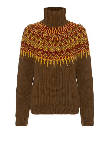 Khaki Cashmere Sweater With Pattern And Embroidery, 1