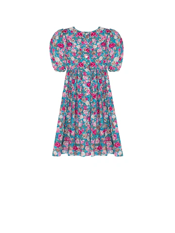 Girl's Turquoise Floral Print Lace Trim Dress, 2