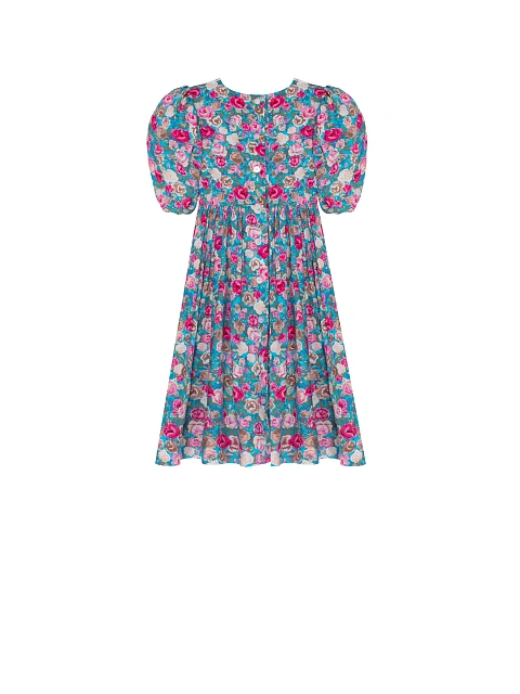 Girl's Turquoise Floral Print Lace Trim Dress, 2