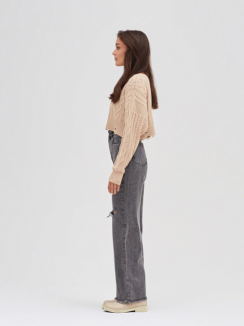 Beige Cotton Cropped Cable Knit Sweater, 5