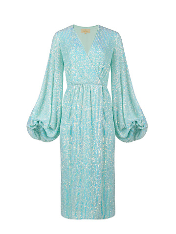 Turquoise Sequined Wrap Midi Dress, 1
