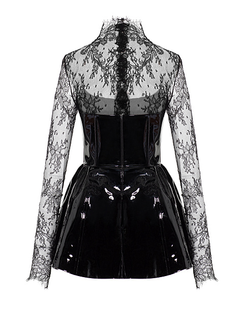 Black Patent Leather & Lace Mini Dress, 3
