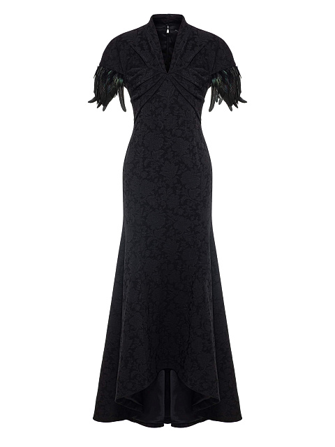Black Jacquard Maxi Dress With Feathers, 1