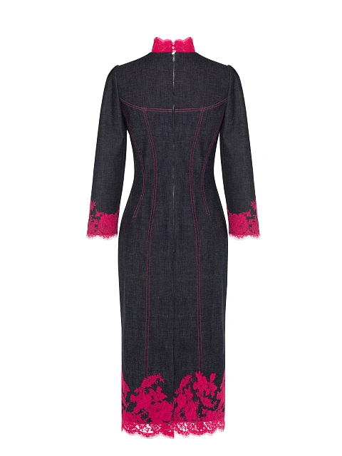 Black Pink Lace Trim Denim Midi Dress, 2