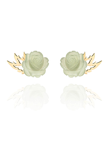 Yellow gold stud earrings with roses carved from green chalcedony, 1