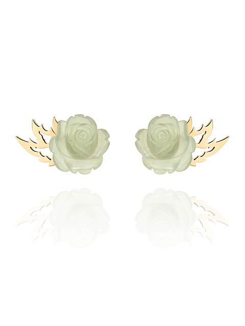 Yellow gold stud earrings with roses carved from green chalcedony, 1 Yellow gold stud earrings with roses carved from green chalcedony, 1