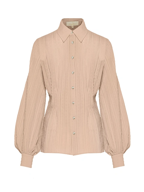 Beige Cotton Blouse With Puff Sleeves, 1