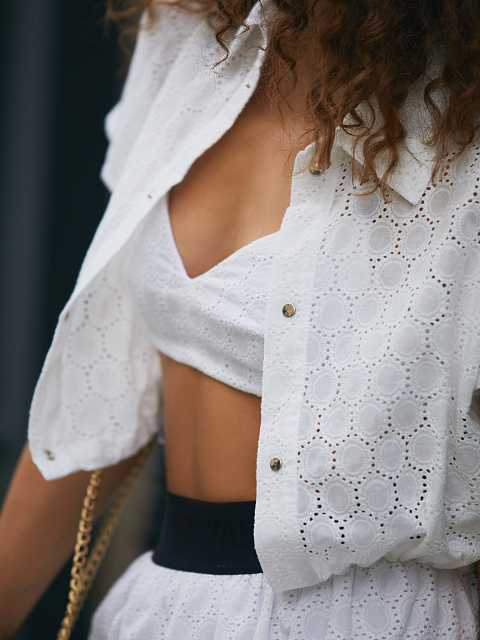 White Cotton Lace Set Of Bra & Cropped Shirt, 11 White Cotton Lace Set Of Bra & Cropped Shirt, 11