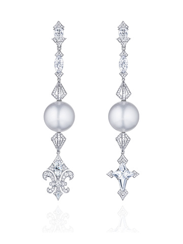 Pear Diamond & Marquise Diamond & White Pearl & White Gold Earrings, 1