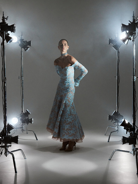 Off The Shoulder Blue Lace Midi Dress, 4