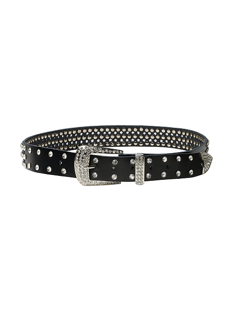 Black Rhinestone Perforated Faux Leather Belt, 1