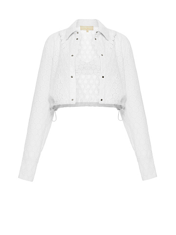 White Cotton Lace Set Of Bra & Cropped Shirt, 1
