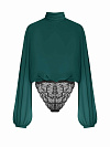 Блуза-боди из темно-зеленого шифона, воротник стойка, трусы из черного кружева Блуза-боди из темно-зеленого шифона, воротник стойка, трусы из черного кружева