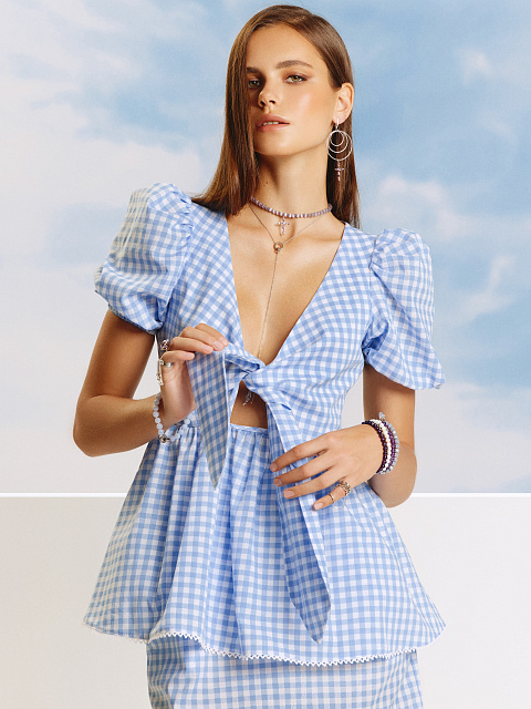Blue Checked Cotton Top & Mini Skirt, 9