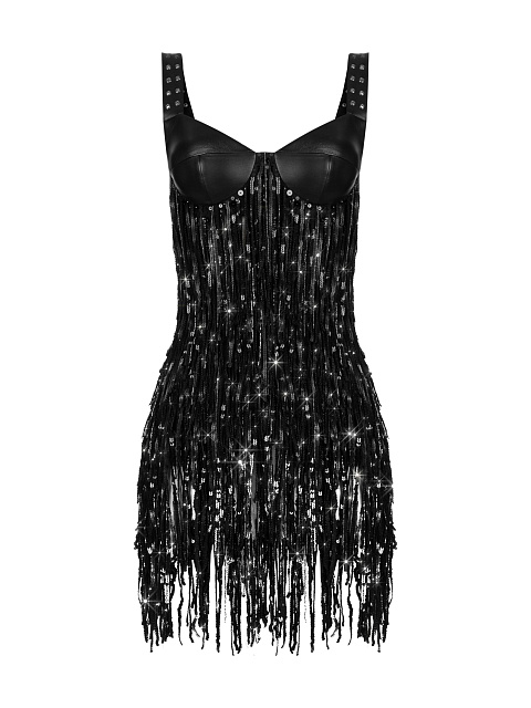 Black Sequined Leather Mini Dress, 1 Black Sequined Leather Mini Dress, 1