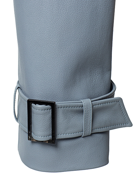 Тренч укороченный из серо-голубой кожи, объемные плечи, двубортный, 7