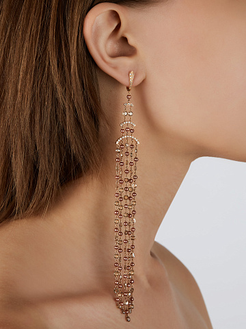 Brown Rose Cut, Briolette, Round Diamonds & Brown Pearl & Rose Gold Earrings, 2